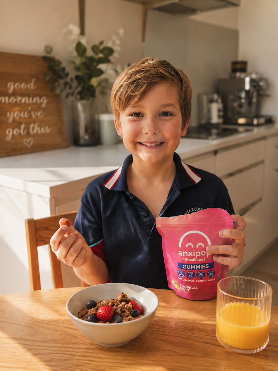 A smiling young boy in school uniform sits at a wooden table in a bright kitchen, holding a pink pouch of anxipop saffron and passionflower gummies next to a bowl of cereal and a glass of orange juice. A calmer morning starts to the day.