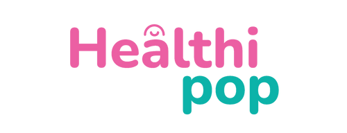 Logo of 'Healthi pop' with pink and teal text on a white background